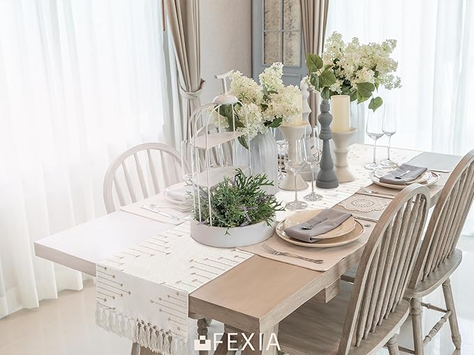 FEXIA Boho Table Runner with Tassels 72 Inches Long for Home Decor Room Decor Farmhouse Rustic Macrame Table Runners for Dining Bedroom Bridal Shower(12x72 Inches)