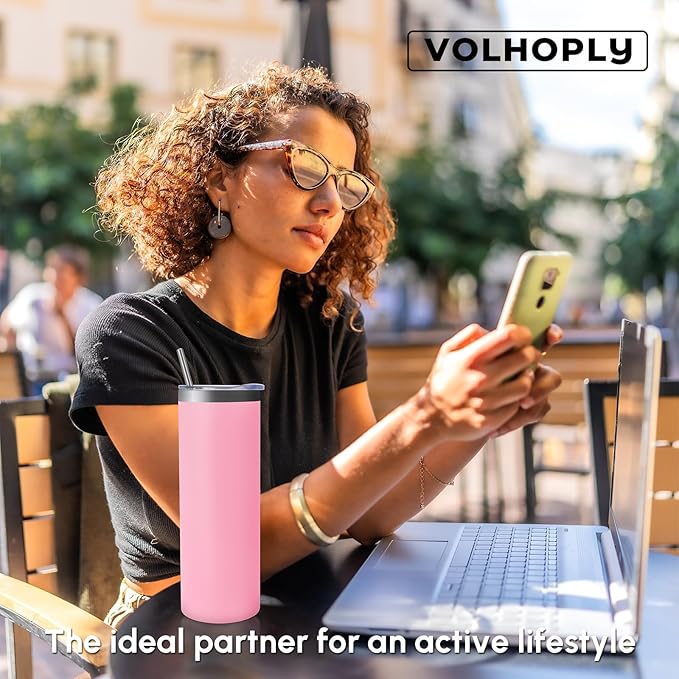 Volhoply 20 oz Skinny Tumbler with Lid and Straw, Stainless Steel Straight Tumblers Cup, Vacuum Insulated Coffee Mug for Home, Office, Travel, DIY (Pink,1 Pack)