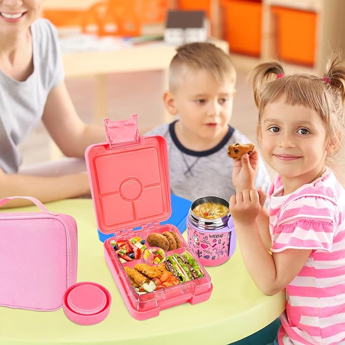 Pawtong Bento Lunch Box Set With 10oz Soup Thermo, Leak-proof Lunch Containers with 4 Compartment, Kids Hot Thermo Food Jar/Insulation Lunch Bag, Food Containers for School(Flamingo)