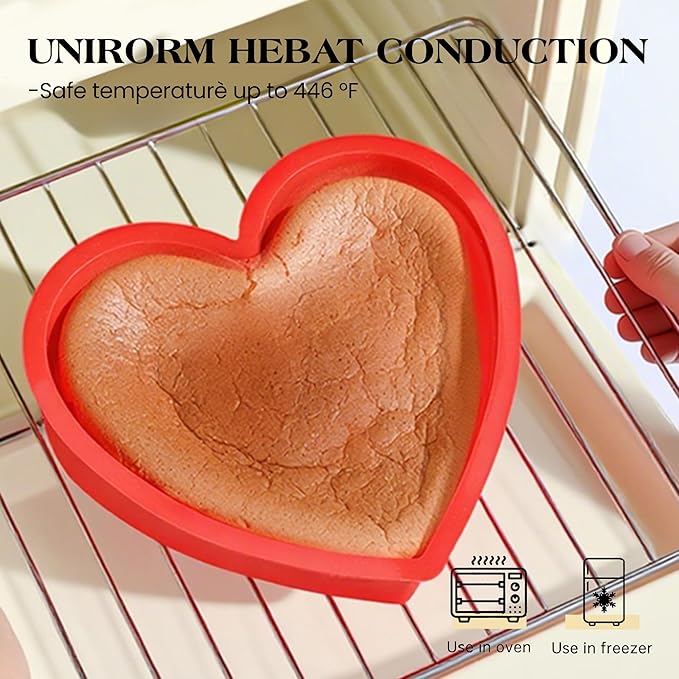 Silicone Heart Shaped Cake Pans 10 Inch Heart Cake Pan Set Nonstick Silicone Heart Molds for Baking (2 Pcs, Red)