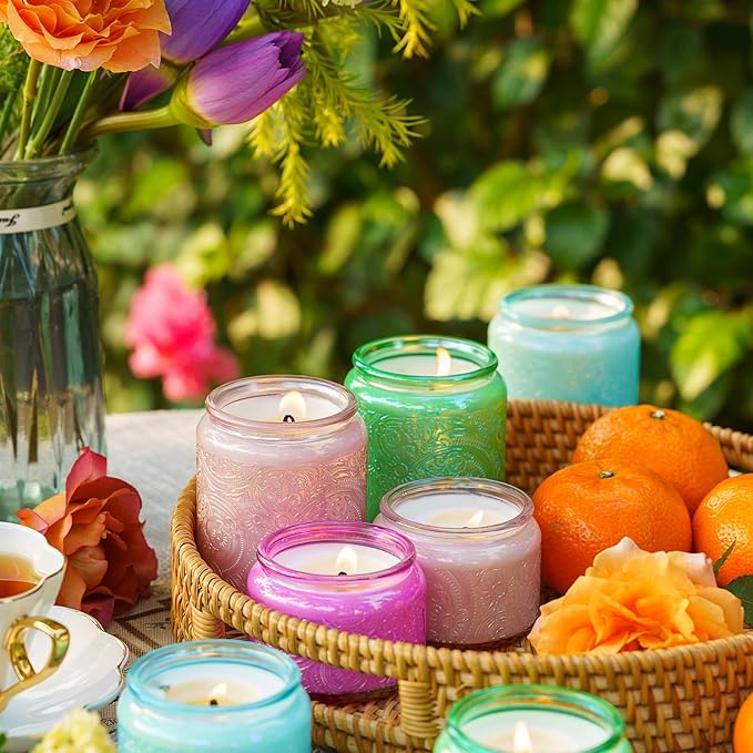 Art Secret 9-Pack 8oz Embossed Glass Candle Jars with Lids and Labels - Sun Moon Stars Design (Shining Green)