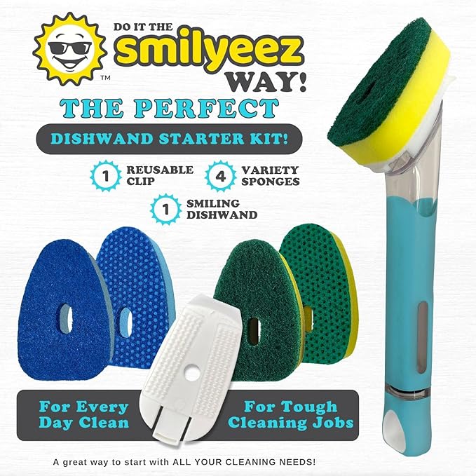 The Original Smiling Handle with Soap Dispensing for Scrub Daddy (Reg. TM) Sponges and Scrub Moji Sponge with Smilyeez Caddy, Dishwand, and 2 Scrub Mojis (Light Blue)