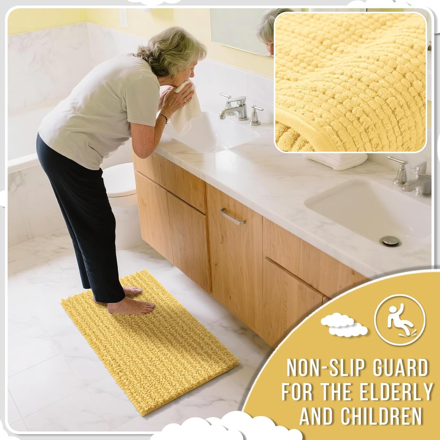 Yimobra Bathroom Rugs Non Slip Washable 24x17 Inch - Ultra Soft Absorbent Chenille Bath Mat, Quick Dry Shaggy Floor Carpet for Tub Shower, Yellow Home Decor Accessories