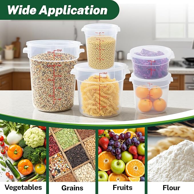Round Food Storage Container with Lid,18 Qt Translucent, Commercial 4 Pack of – NSF Listed, BPA-Free, Polypropylene, Non-Stick, Scale, with Labels & Measuring Cups
