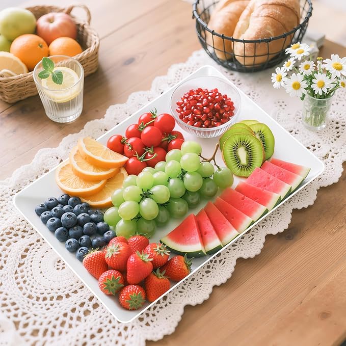 3-Pack Serving Tray for Parties, Serving Platter in 3 Sizes for Entertaining, Camping & Food Display, Plastic Trays for Cookies, Dessert, Stackable Rectangular Platters for Family(White)