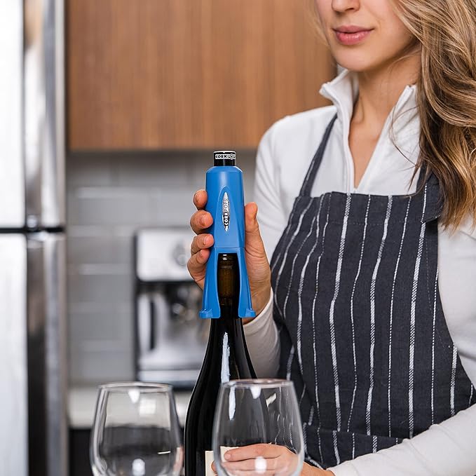 Cork Pops Legacy Wine Opener Built-in 4-Blade Foil Cutter Safe Cork Removal, Effortless Push Button Use, Needle Guard for Safety, Low-Pressure Cartridge Opens Up To 60 (Blue, With 3 Cartridges)