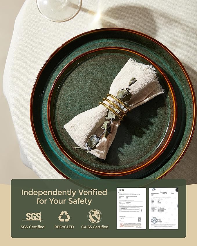 Pokini Plates and Bowls Sets for 6, Ceramic Dinnerware Sets, Kitchen Dish Set, Microwave & Dishwasher Safe Dishware, Highly Durable Reactive Glazed Dinner Set, Brown Green