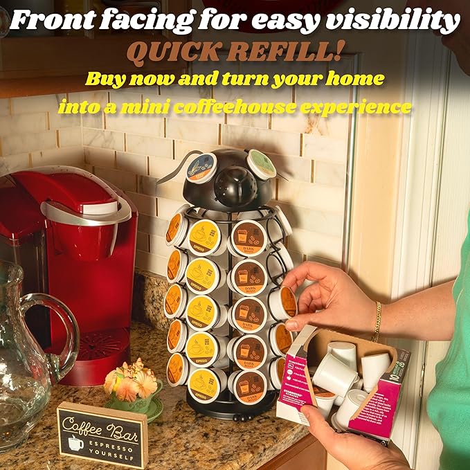 Made Easy Kit Carousel Coffee Pod Holder, Compatible with Keurig K-Pods K-Cups, Countertop Rack Storage Organizer, Metal Home and Kitchen Decor, Capsule Café Station Bar (Small, Black Dog)