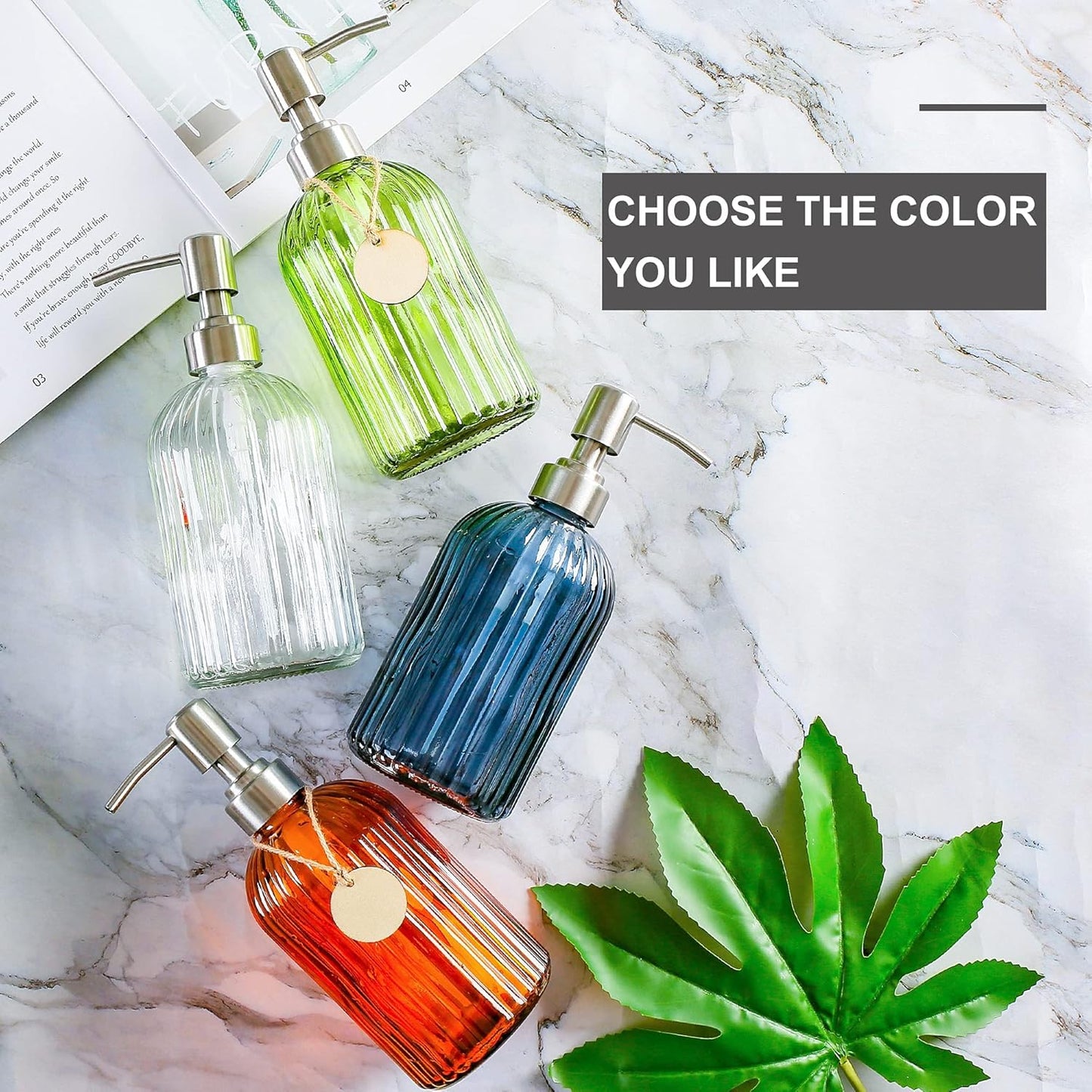 16 OZ Soap Dispenser,Tempered Glass Clear Vertical Stripe with 304 Rust Proof Stainless Steel Pump Refillable Liquid Hand Soap Dispenser,for Bathroom, Kitchen, Dish Soap,Lotion (Blue Grey)