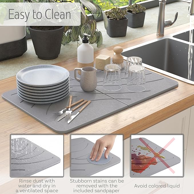 Large Stone Drying Mat with Bamboo Rack | 23.6ā x 15.4ā Diatomaceous Earth Collapsible Stone Dish Drying Mat | Quick Water Absorbing Foldable Dish Drying Stone for Kitchen Counter Racks (Light Gray)