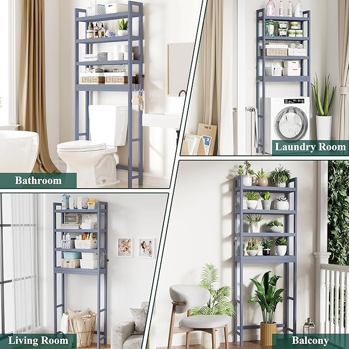 Smiry Over The Toilet Storage Cabinet, 4-Tier Bamboo Bathroom Organizers with Adjustable Shelf & 4 Hooks, Space Saving Shelf Rack for Bathrooms, Laundry Room, Balcony, Grey