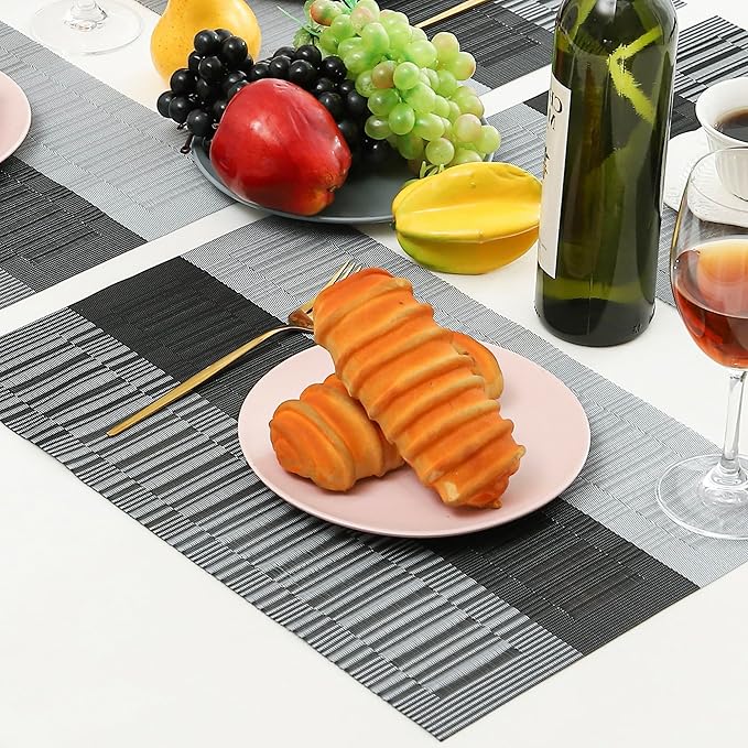 Leetaltree Grey with White Striped Placemats Set of 12 - Heat Resistant Non-Slip Place mats for Dining Table, Washable Durable PVC Vinyl Woven Table Mats(Grey Stripe, 12)