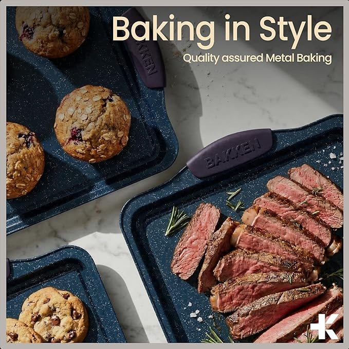 BAKKEN Kitchen Baking Pan Set - Nonstick Coating, Carbon Steel Bakeware Sets with Blue Silicone Handles, Baking Kitchen Essentials, PFOA, PFOS, PTFE Free, Oven Safe Tray (Up To 450° F), Set of 18