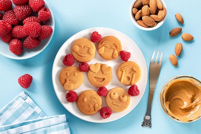 Mini Emojis Waffle Maker for Mother's Day Breakfast- Make 7 Unique Smiley Face Waffles Pancakes for Kids- Electric Non-Stick Iron Feat Kiss Face Heart Eyes & Smile w Recipe Guide- Licensed by Emoji