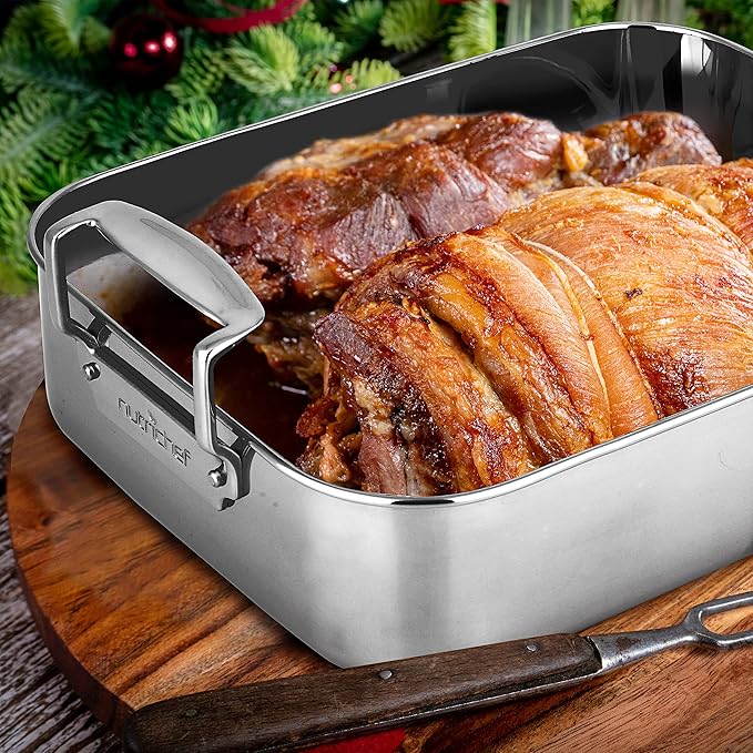 NutriChef Roasting Pan with Rack – Oven Safe Roaster w/Removable Polished Rack,Durable Warp-Resistant Bakeware, Wide Handles, Dishwasher Safe, PFOA-Free, Ideal for Turkey, Chicken, Meat & Vegetables