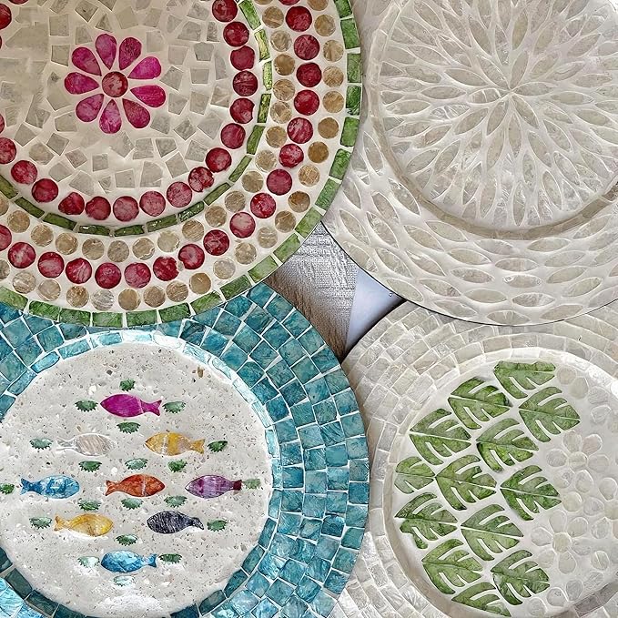 13 Inch Mother of Pearl Shell Placemat Plate – Large Round Decorative Heat for Table or Kitchen, Cabinet, Tabletop (Black and White Leaves, 13 Inch)