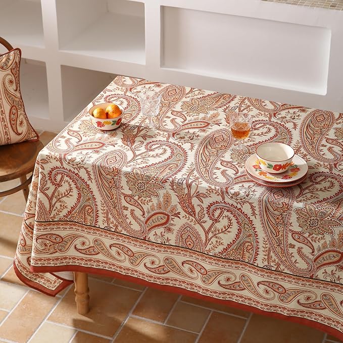 ISAENNE Designer French Red Table Cloth for Rectangle Table,Fall Linen Tablecloth with Cashew Pattern,Stain Proof Decor Tablecloths for Dining Thanksgiving Kitchen,55"*87"-Chauffrey D