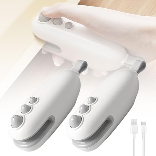 2-in-1 Mini Bag Sealer & Cutter, Rechargeable Handheld Snack Bag Heat Sealing Machine with Magnet, Portable Resealer for Food Storage, 2-Pack (White)