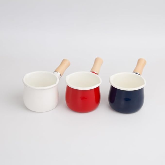 Enamel Milk Pot, Butter Warmer Non-stick Mini Saucepan, 4 Inch 17 Oz Small Cookware with Wooden Handle(White)