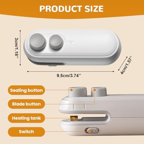2-in-1 Mini Bag Sealer with Cutter & Magnet, Rechargeable Portable Handheld Food Sealing Machine for Snacks, Chip Bags & Resealing – 2pcs White