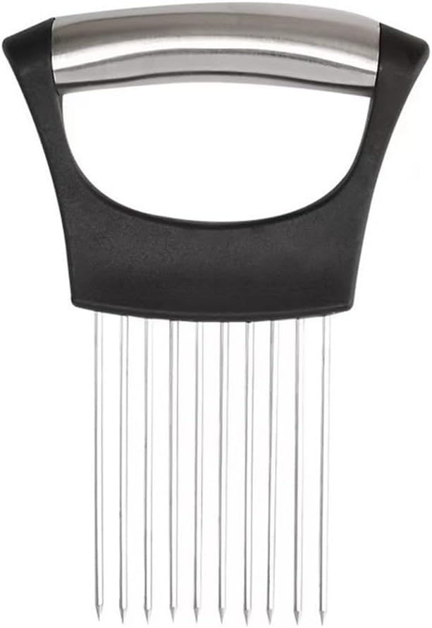 2Pcs onion slicer， Kitchen Prong Slicer for Vegetables and Meat, Stainless Steel Tines with Safety Handle, Black (2)