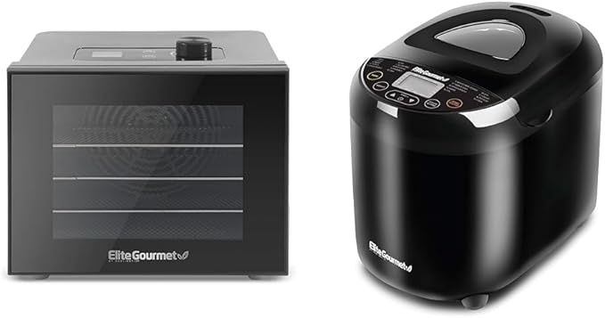 Elite Gourmet 4-Tray Food Dehydrator and Programmable Bread Maker Machine with 19 Menu Functions, 3 Loaf Sizes, and 15-Hour Delay Timer