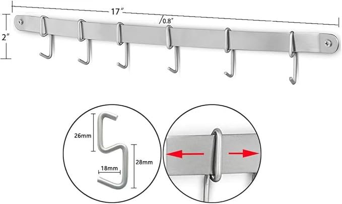 Stainless Steel Kitchen Utensil Racks Holder Hanging Rail Organize Pots Pans Kitchen Knife Gadgets On Wall Mounted Hanger Bar Rail Under Cabinet Shelf (6 Hook,17")