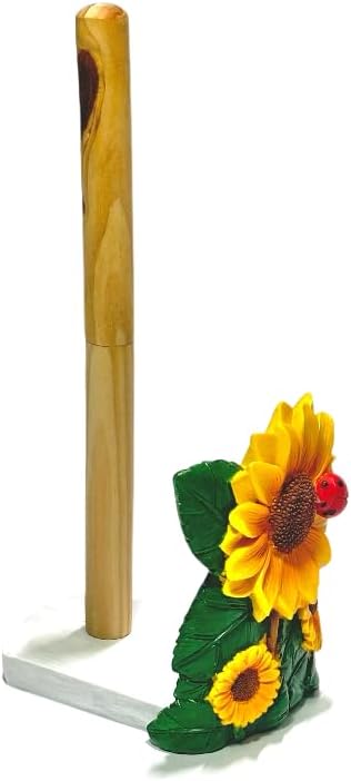 Sunflower Paper Towel Holder for Kitchen Counter, Decorative Farmhouse Paper Towel Stand with Wooden Rod, Cute Kitchen Countertop Paper Towel Dispenser, Rustic Kitchen Decor