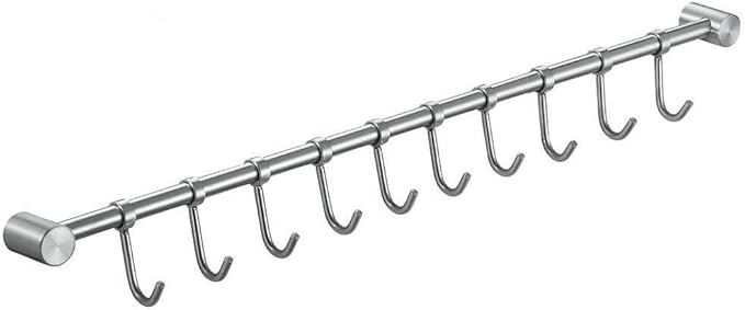Premium Stainless Steel Kitchen Tool Utensil Organizer Bar Rack with Movable Hooks for Pan Pot Spoon Towel (Traditional, 11 Hooks)