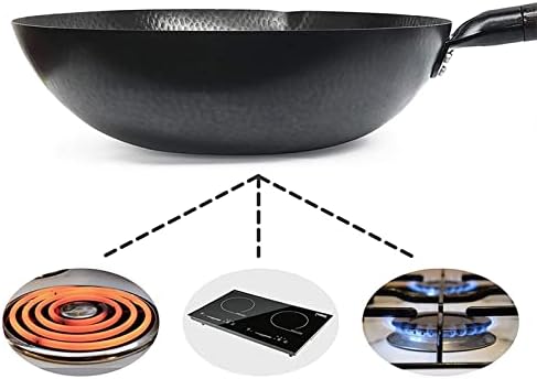 Chinese Carbon Steel Wok with Wooden Lid, Stir Fry Pan Flat Bottom Pan for Electric Stove, Induction Cooker and Gas Stove(12.5 Inch)