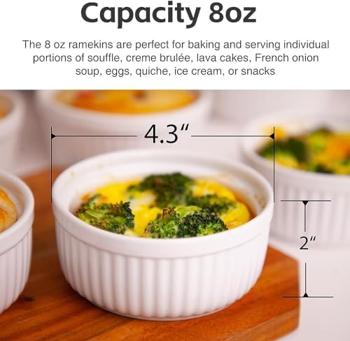Nuwave Ceramic Ramekins 8 oz, Set of 6, Elegant Classic Style for Baking Souffles, Creme Brulées, Custards, Puddings, 4.3” Wide & 2” Tall, Microwave, Oven & Dishwasher-Safe, Ivory White (6)