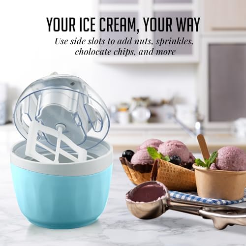 OVENTE Electric Ice Cream Maker with Easy-Lock Lid, 1QT Freezer Bowl for Healthy & Homemade Frozen Yogurt, Sorbet and Gelato, Mini Kitchen Appliance Ideal for Summer Desserts for Kids, Blue ICM110BL