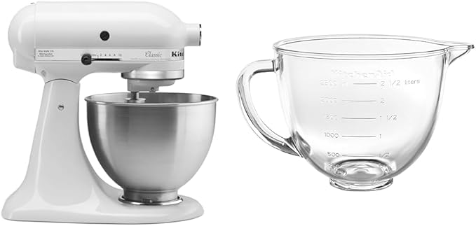 KitchenAid Classic Series 4.5 Quart Tilt-Head Stand Mixer K45SS, White & 3.5 Quart Tilt-Head Glass Bowl - KSM35GB