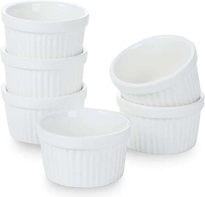 2.5 oz Ramekins 6 pcs Porcelain Ramekins Dishes for Souffle,Creme Brulee, Pudding, Custard Cups,Bakeware Bowls Set for Baking,Oven Safe, White 2.5 inch