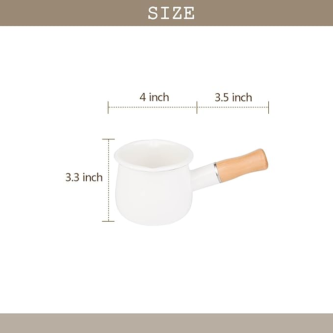 Enamel Milk Pot, Butter Warmer Non-stick Mini Saucepan, 4 Inch 17 Oz Small Cookware with Wooden Handle(White)