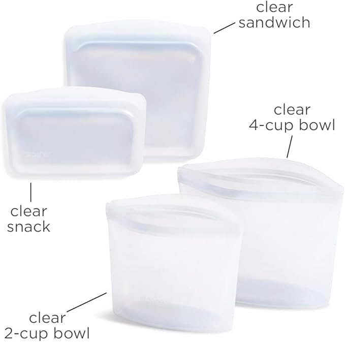 Stasher Silicone Reusable Food Storage Bags, 4-Pack, Reusable Freezer Bags, Microwave, Dishwasher, Oven Safe, Sous Vide, Premium Lunch Containers, Eco Friendly, Food-safe Silicone Snack Bag, Clear | Reusable Food Bags