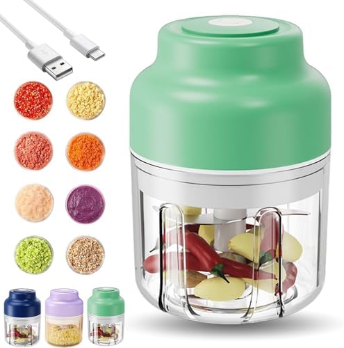 Electric Garlic Chopper, Mini Portable Veggie Cutter with 4/6 Stainless Steel Blades, Portable Wireless Rechargeable Mini Electric Garlic Food Chopper for Garlic, Onion, Chili, Nuts (Green,320ML)