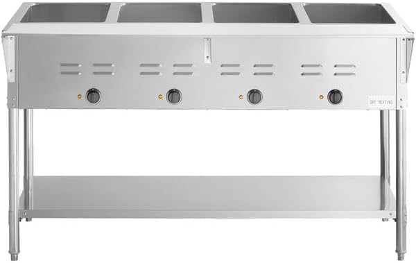 STE-4SA Four Pan Electric Steam Table, 120V 2000W, Stainless Steel, 57x30x34 Inches, Open Well with Undershelf, Commercial Food Warmer
