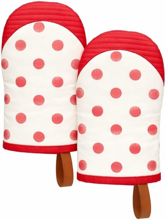 Folkulture Oven Mitts - Set of 2 (5.75"x9") | Polka Red Oven Mitts with Hanging Loop for Cooking Gifts, Kitchen Decor| 100% Cotton, Silicone Heat Resistant Mini Mitts