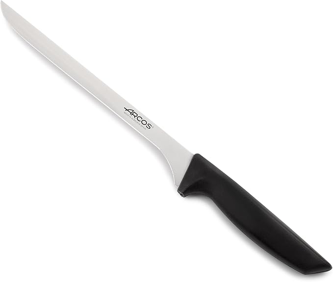 Arcos 2 Piece Carving Knife Set. Ham Slicer Knife and Chaira Sharpener in Stainless Steel with Ergonomic Polypropylene Handle. Series Niza. Color Black