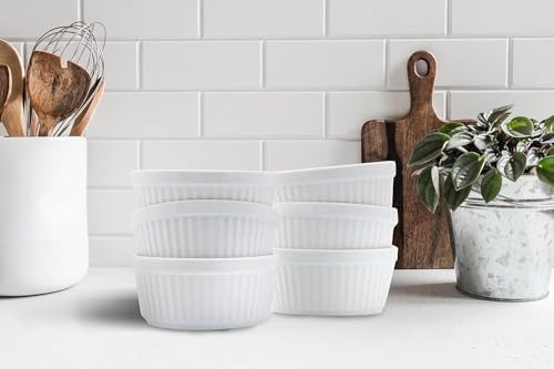 Nuwave Ceramic Ramekins 8 oz, Set of 6, Elegant Classic Style for Baking Souffles, Creme Brulées, Custards, Puddings, 4.3” Wide & 2” Tall, Microwave, Oven & Dishwasher-Safe, Ivory White (6)