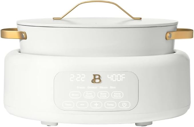 10-in-1 Electric Multi-Cooker, 6-quart, digital display, 10 cooking functions, non-stick pot, easy one-touch control (White Icing)