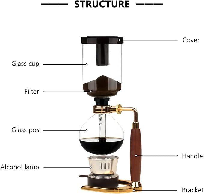 Vacuum Coffee Maker, Manual Siphon Coffee Brewer 3-Cup (360ml) with Alcohol Burner, Adjustable Buffer Clamp, Stainless Steel Bracket Base for Coffee Aficionados