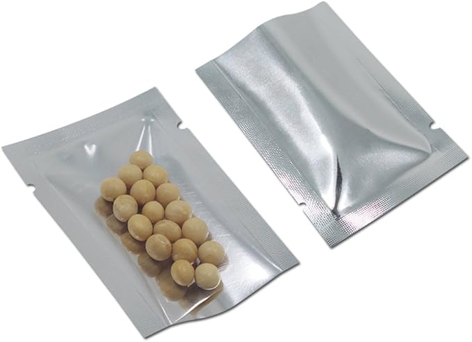 Silver Aluminum Foil Pouch Heat Seal Front Window Plastic Mini Open Top Flat Vacuum Packaging Mylar Bag Food Small Sample Mylar Storage with Tear Notch (500, 9x13cm(3.5x5.1 inch))