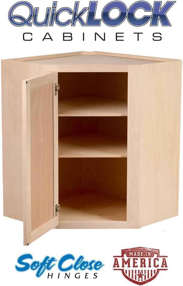 Quicklock RTA (Ready-to-Assemble) 42" Tall Wall Kitchen Cabinets - Shaker Style | 100% Hardwood | Made in America | Soft Close Hardware (Raw Maple, 12" D x 24" W x 42" H Corner)