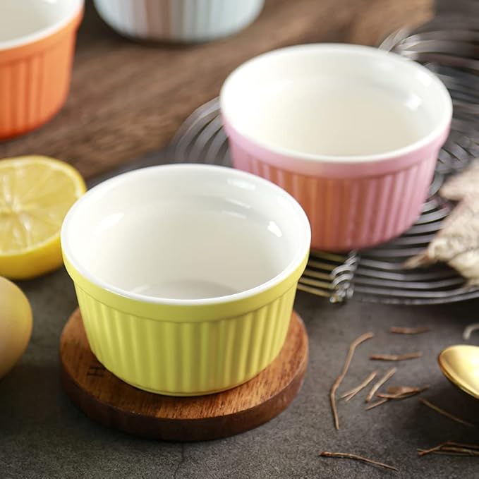 Ramekins 6oz Oven Safe,Creme Brulee Ramekin and Souffle Dishes,Porcelain Baking Bowls,Dipping Sauce Dish.Pudding Cups,Set of 6,Orange