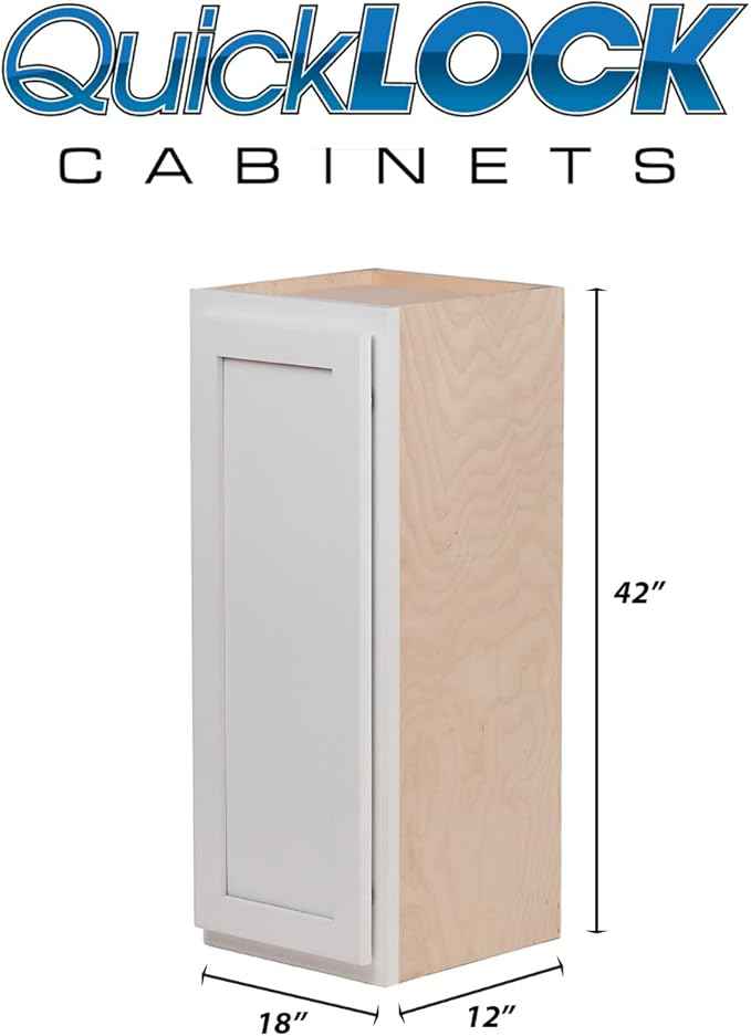 Quicklock RTA (Ready-to-Assemble) 42" Tall Wall Kitchen Cabinets - Shaker Style | 100% Hardwood | Made in America | Soft Close Hardware (Pure White, 12" D x 18" W x 42" H)