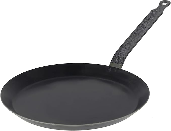de Buyer Blue Carbon Steel Crepe & Tortilla Pan - 9.5” Diameter, 7.75” Cooking Surface - Ideal for Making & Reheating Crepes, Tortillas & Pancakes - Naturally Non-Stick Finish - Made in France