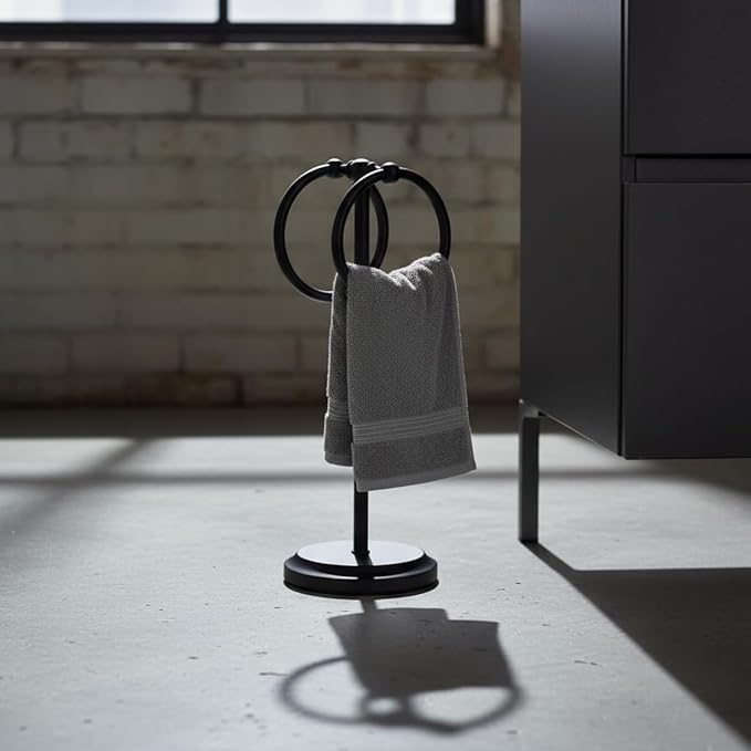 J&V TEXTILES Steel Towel Rack Holder Stand with 2 Hanging Rings for Bathroom Vanity Countertops - Space Saving Hand Towel Holder (Matte Black)