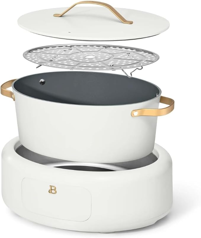 10-in-1 Electric Multi-Cooker, 6-quart, digital display, 10 cooking functions, non-stick pot, easy one-touch control (White Icing)